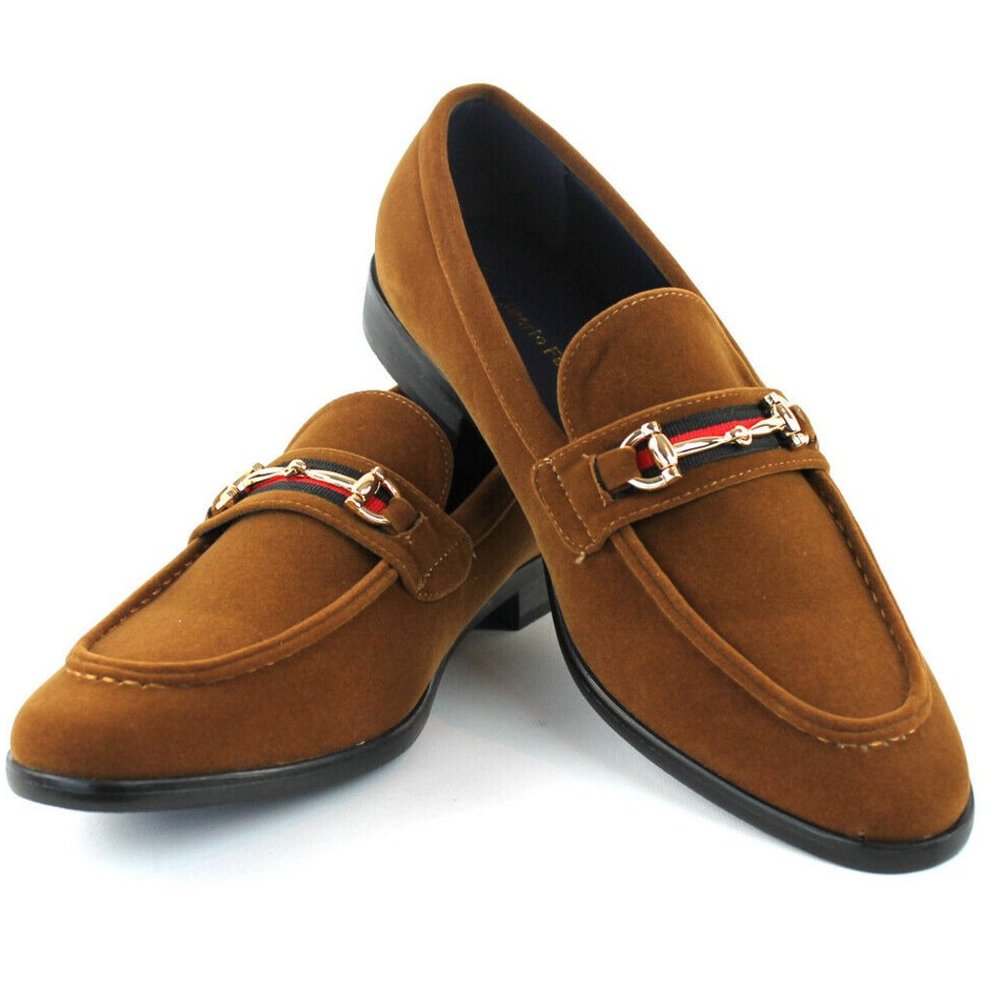 Men's Tan Velvet Slip On Gold Buckle Dress Shoes Loafers Formal By Alberto F